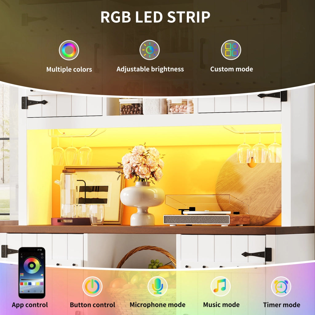 Credenza alta con LED RGB, 2 ante e vano aperto, ripiani regolabili, per cucina e soggiorno, bianco, 120 × 40 × 180 cm