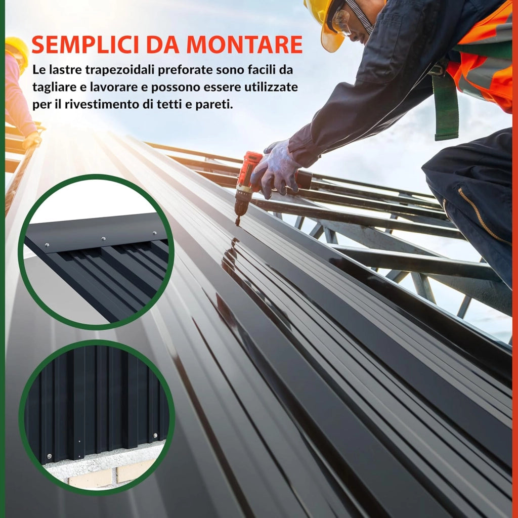 12x Lamiere Zincate Profilate in Metallo129cm x 46cm = 7m² Lastre Ondulate Trapezoidali Pannelli Resistenti Tetto Tettoia Garage Lamiera Grecata