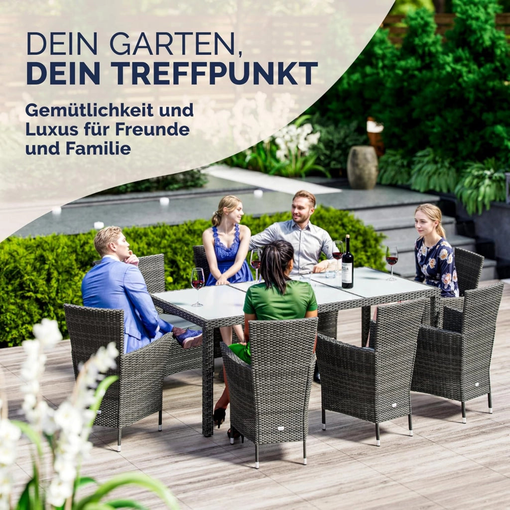 ® Mobili da Giardino Polyrattan 8 Sedie Impilabili 190x90cm Tavolo da Giardino Vetro Resistente alle Intemperie Esterno Moderno Terrazza