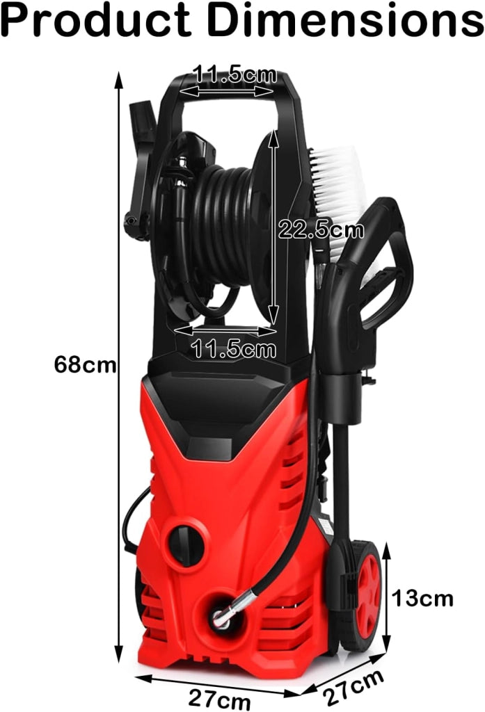 Pulitore ad alta pressione 1500 W, pulitore elettrico 140 bar, 5 l/min, con ugelli, raccordo ingresso acqua, vasetto da bucato, spazzola cavo elettrico 5 m, per auto, terrazza, parete (rosso+