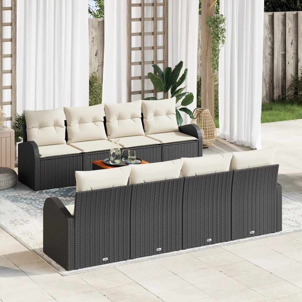 Set Divano da Giardino a 9 Pezzi con Cuscini Nero Rattan Polimerico Acacia