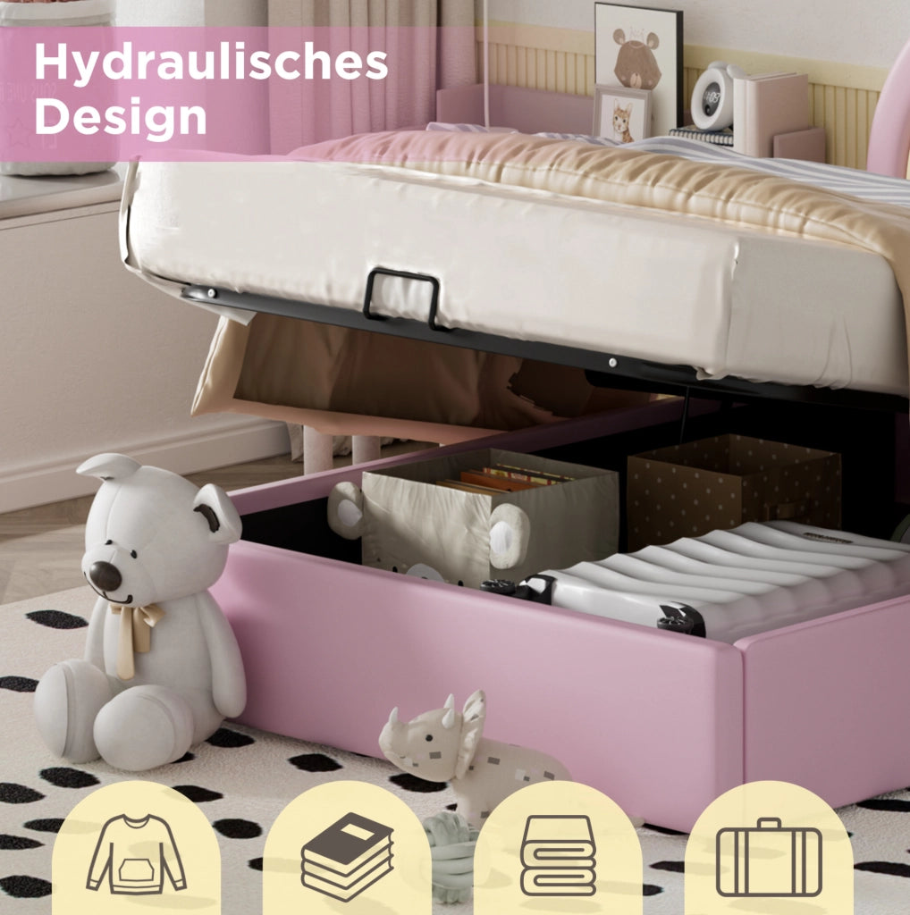 Letto imbottito singolo 90x200 cm in PU rosa; testiera regolabile e rete a doghe