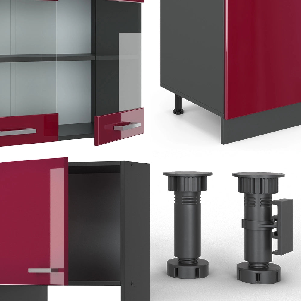 Vicco Cucina componibile Rosso lucido/antracite 300 cm con armadio alto, PL Marmo