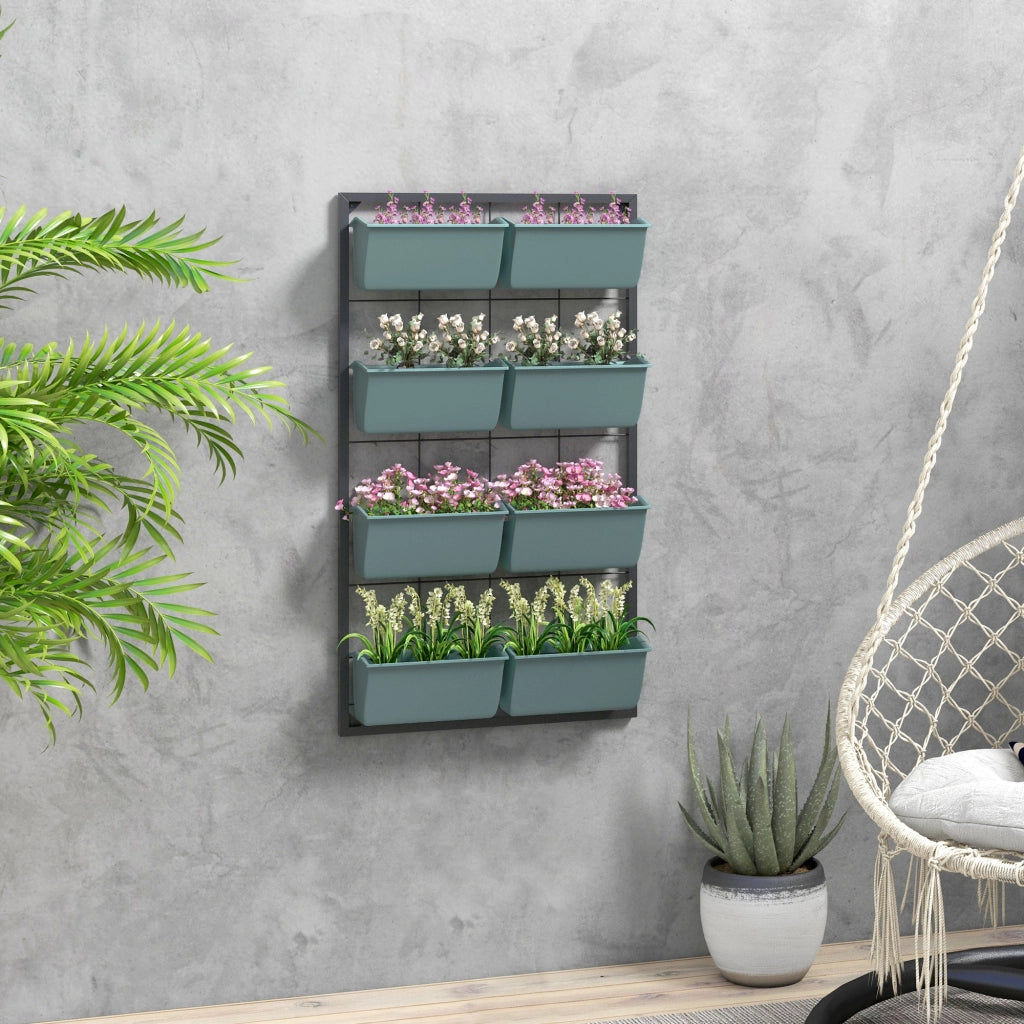 Orto Verticale da Parete a 4 Livelli con 8 Vasi, in Acciaio e Plastica, 52x14x90 cm, Verde Scuro e Nero