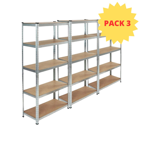 KIT 3 Scaffale in MDF Zincato 5 ripiani: 90x40x180Cm portata 875Kg 175Kg ripiano