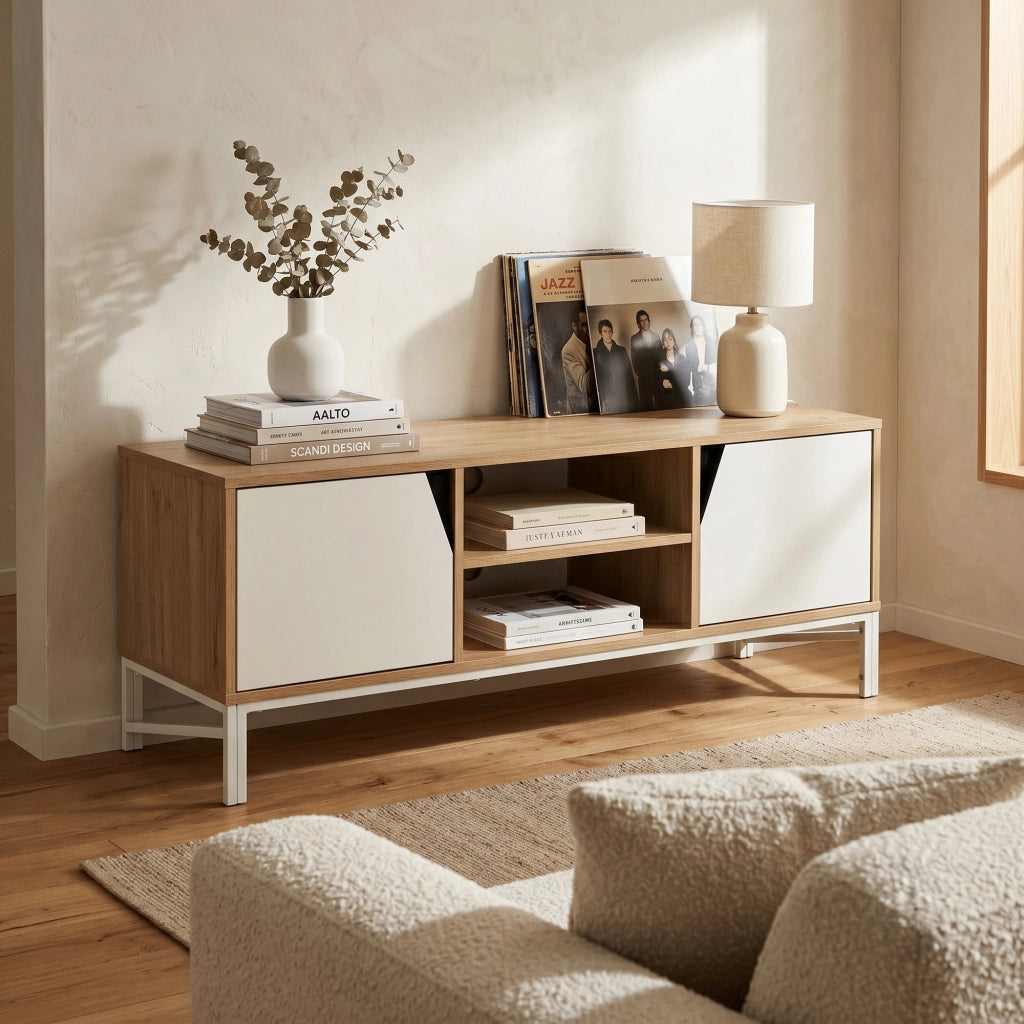 Mobile Porta TV Kerrköndam a 2 Ante 120 x 40 x 46 cm - Effetto Rovere / Bianco [en.casa]