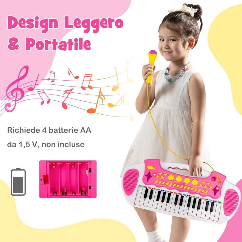 Tastiera Giocattolo a 31 Tasti, Pianoforte Digitale per Bambini, con Microfono Sgabello Luci, Funzioni di Record e Playback, Pianola Bambini con 22 Battiti/8 Toni/7 Ritmi, per 3+ Anni (Rosa)