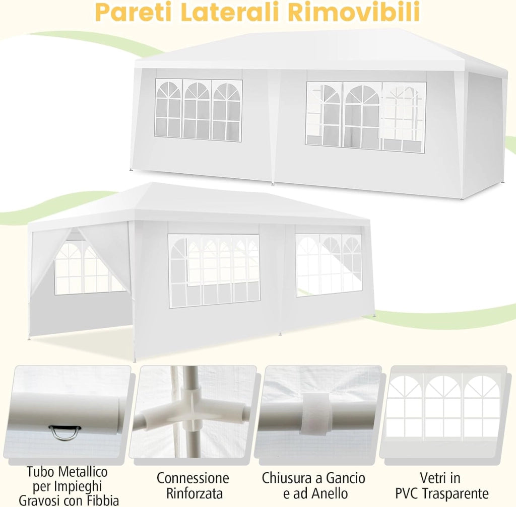 Gazebo da Giardino 3 x 6 m, Tendone per Feste con 4 Tende Laterali Rimovibili e 2 Porte con Cerniera, Con Borsa di Trasporto, Impermeabile Protezione UV