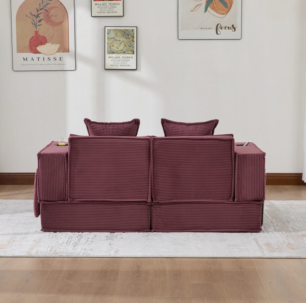 Divanetto pouf modulare in velluto a coste rosso vino con tasche laterali e 2 cuscini; 162 x 78 x 66 cm