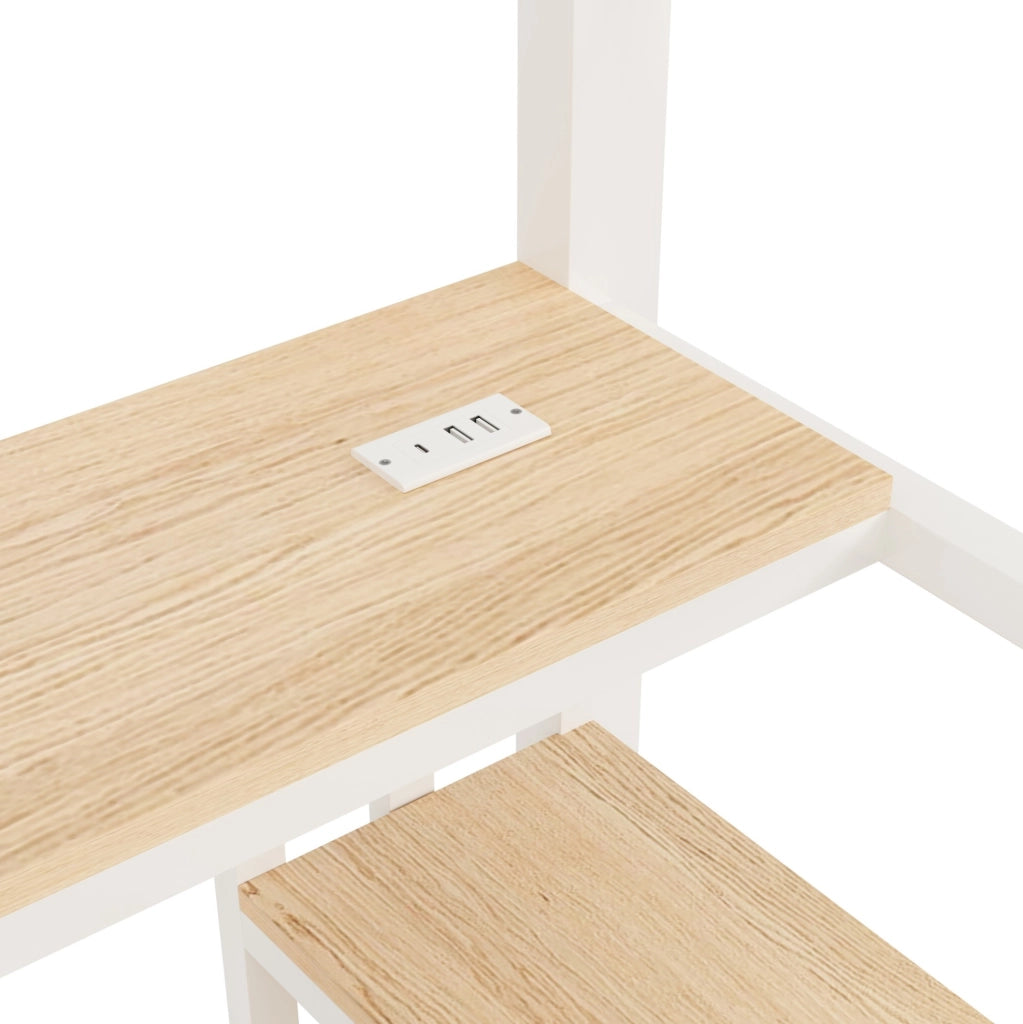 Letto a soppalco ULEVR 90x200 cm con scrivania, LED, ripiano, USB e porta Type-C, metallo e MDF bianco
