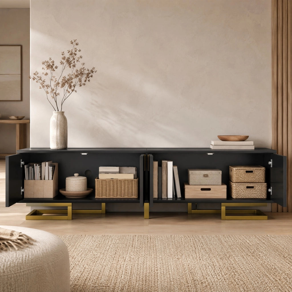 Mobile TV 160 cm nero con 4 ante, ripiani e gambe dorate regolabili