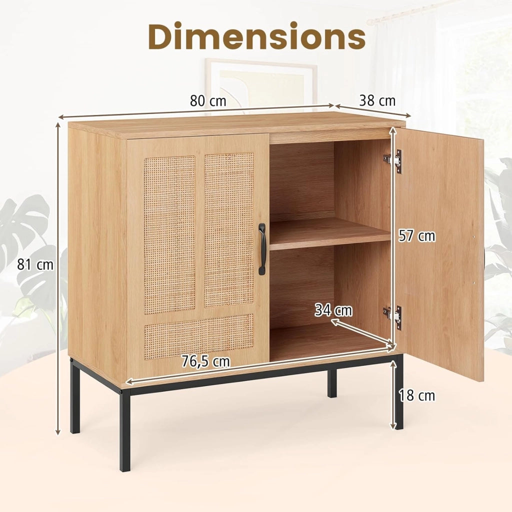 Credenza a buffet da cucina con 2 ante decorate in rattan, mensola regolabile in 3 posizioni, kit antiribaltamento, 80 x 38 x 81 cm, mobile per sala da pranzo, soggiorno (naturale)