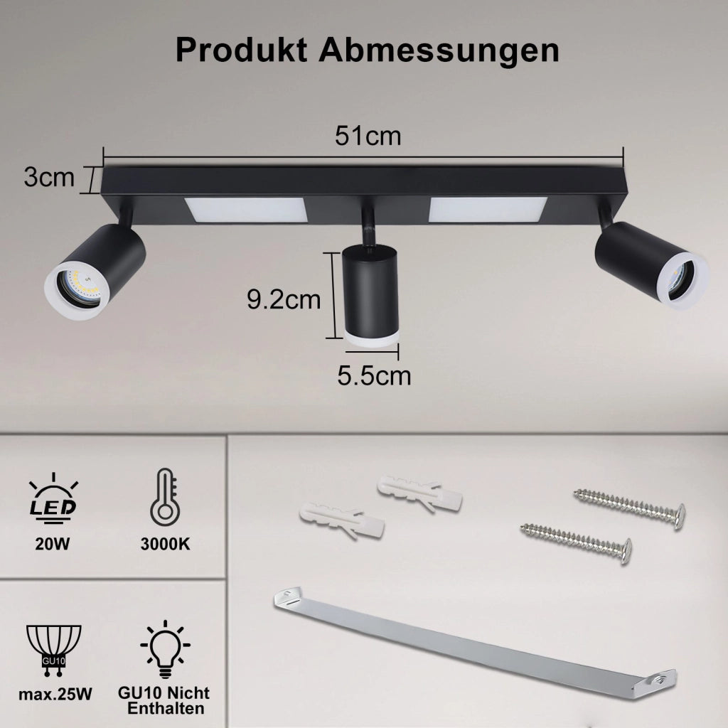ZMH Faretto da soffitto neri 3 lampadine GU10 20W 3000K orientabili per camera letto cucina bianco caldo