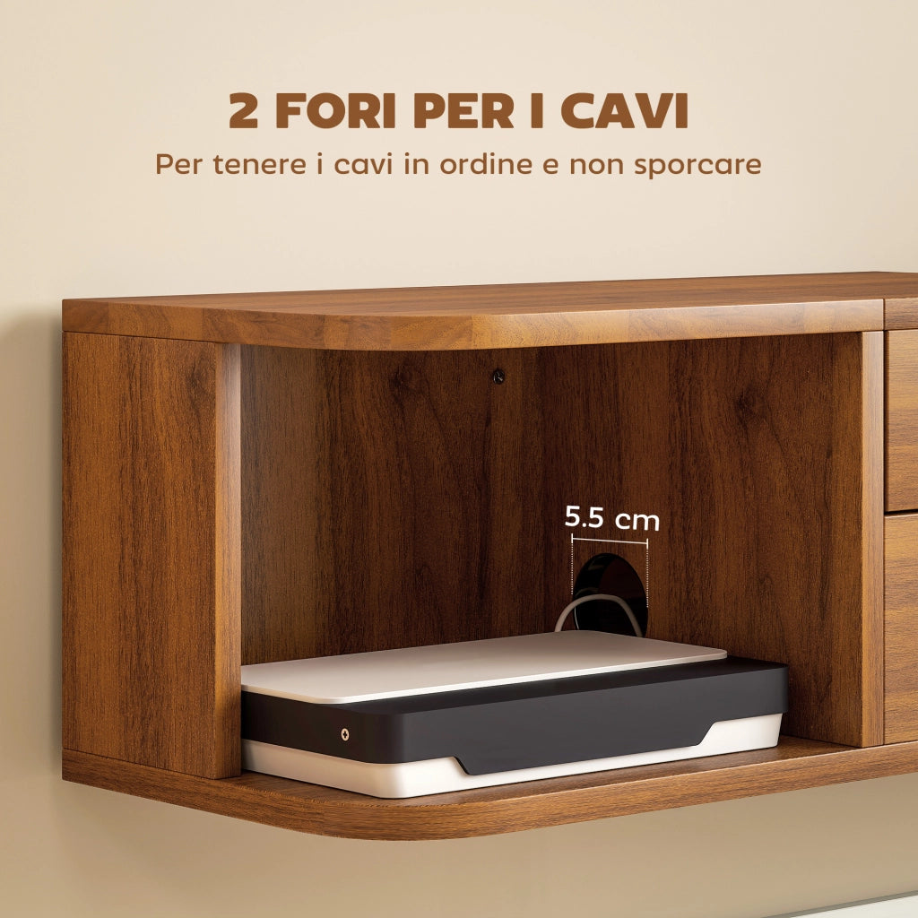 Mobile TV Sospeso fino 50' con Cassetto, Ripiani e Prese ¨C Minimal ¨C Noce 120x24x22.4 cm