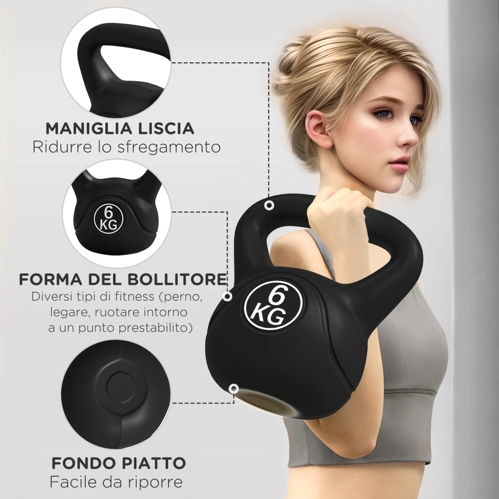 Kettlebell 6kg in Plastica e Sabbia con Base Piatta e Impugnatura, 20x13x22 cm, Nero