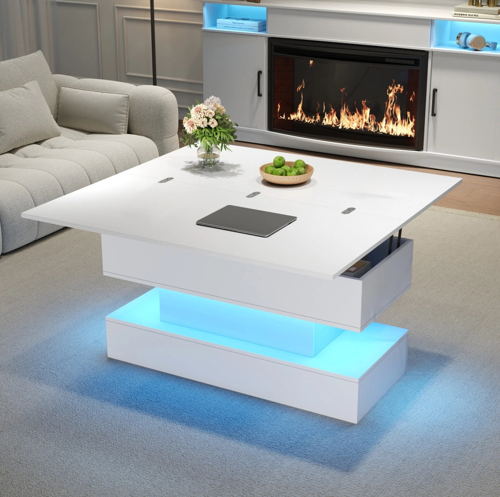 Tavolino da salotto sollevabile con contenitore e presa USB; 100 x 50 x 51;5 cm; bianco