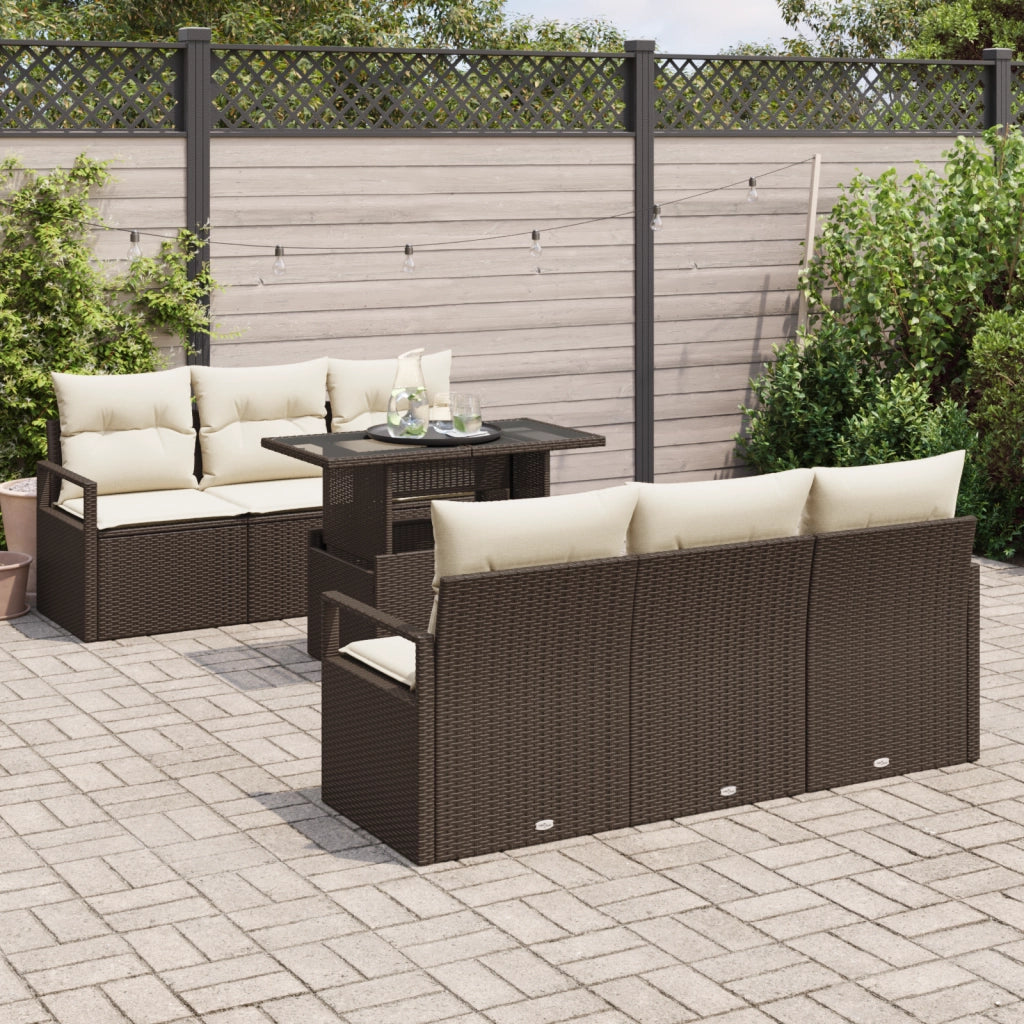 Set Divano Giardino  a 7 Pezzi con Cuscini Rattan Poliestere Marrone