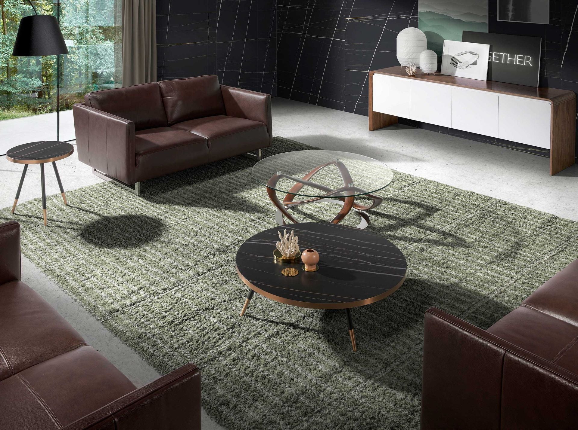 Tavolino rotondo in marmo porcellanato e acciaio nero