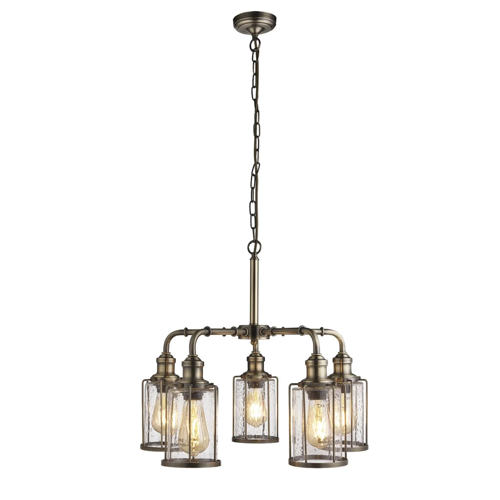 Lampadario Contemporaneo Tubi Acciaio Ottone Vetro Trasparente 5 Luci E27