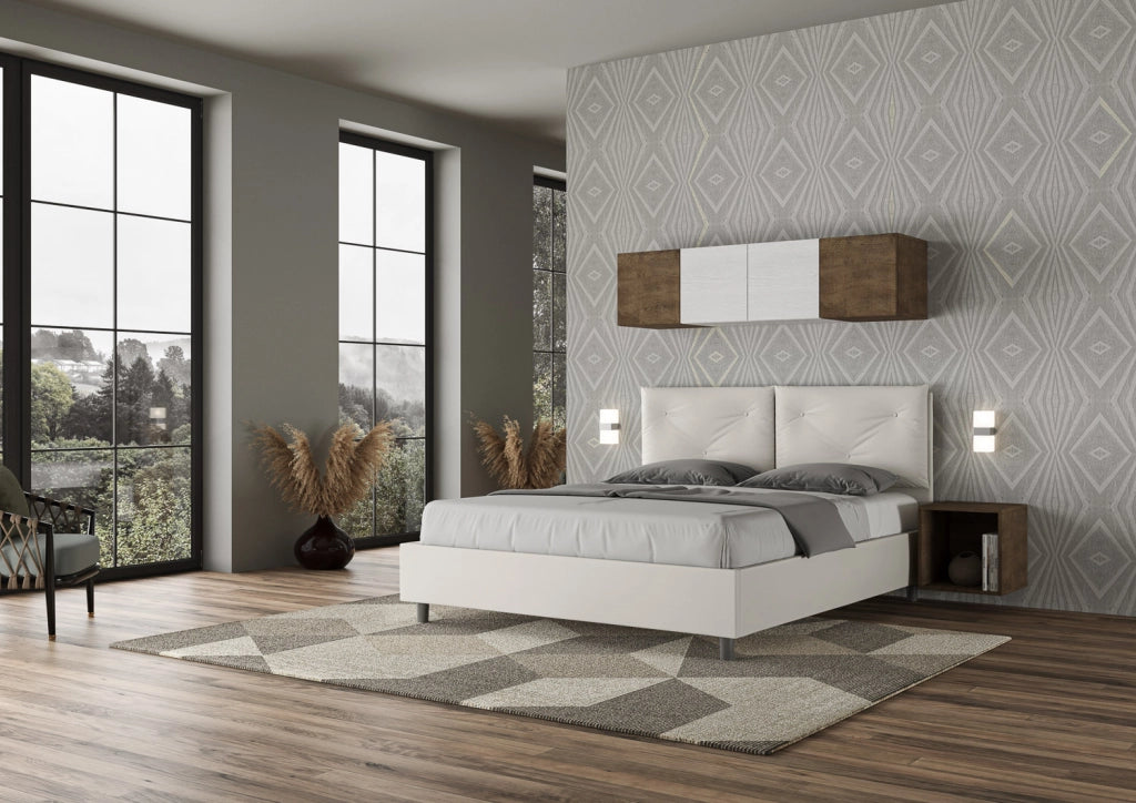 BS COM Letto matrimoniale contenitore doppia alzata imbottito 160x190 similpelle bianco