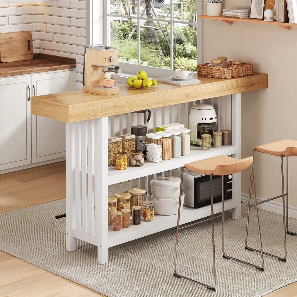 Tavolo alto con ripiani a 2 livelli; piano rinforzato e poggiapiedi in MDF bianco 160 × 40 × 105 cm