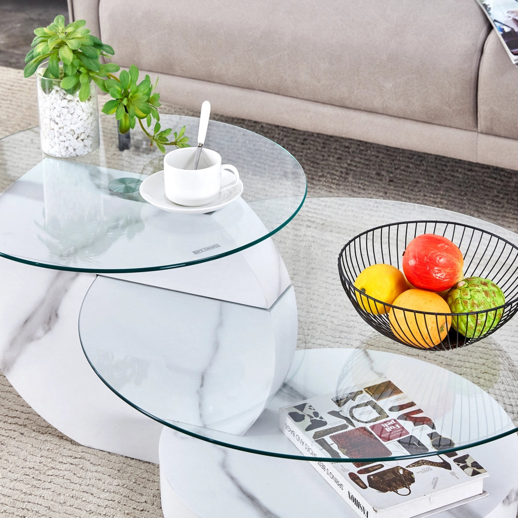 TAVOLINO DA CAFFÈ Doppio piano Ø70/50 cm MDF Bianco Marmo Vetro Trasparente