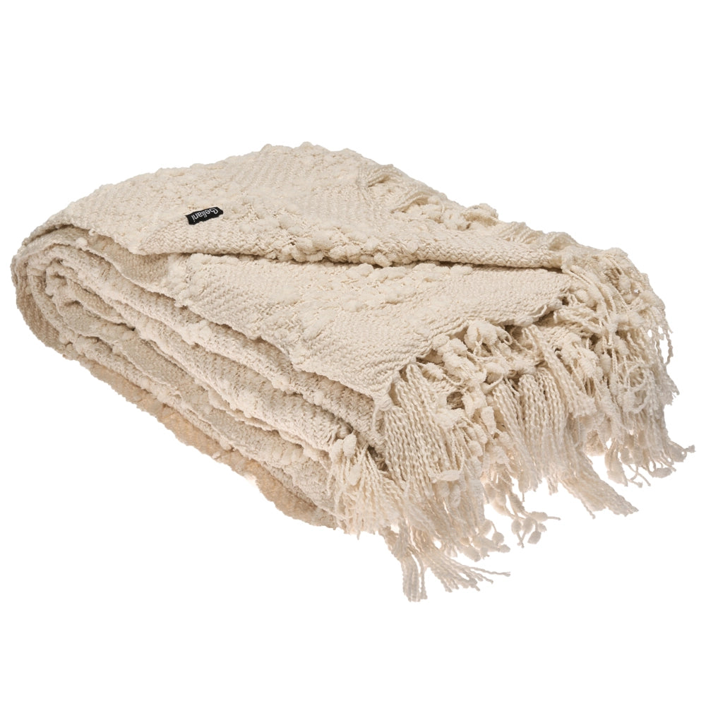 Coperta di cotone intrecciata con nappe 220 x 240 cm bianco sporco morbida classica