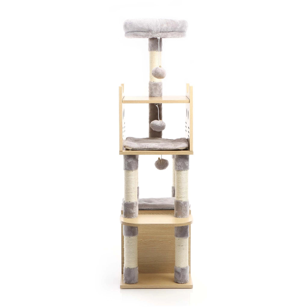 Fudajo Albero tiragraffi Legno grigio 126cm Con casetta per gatti, nicchia, colonne in sisal, cuccia