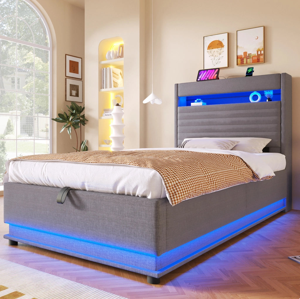 Letto imbottito 90x200 cm con contenitore; LED e ricarica USB Type-C in lino grigio