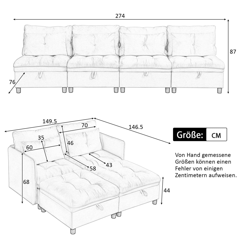 DIVANO modulare 4 posti in chenille grigio antico con contenitore