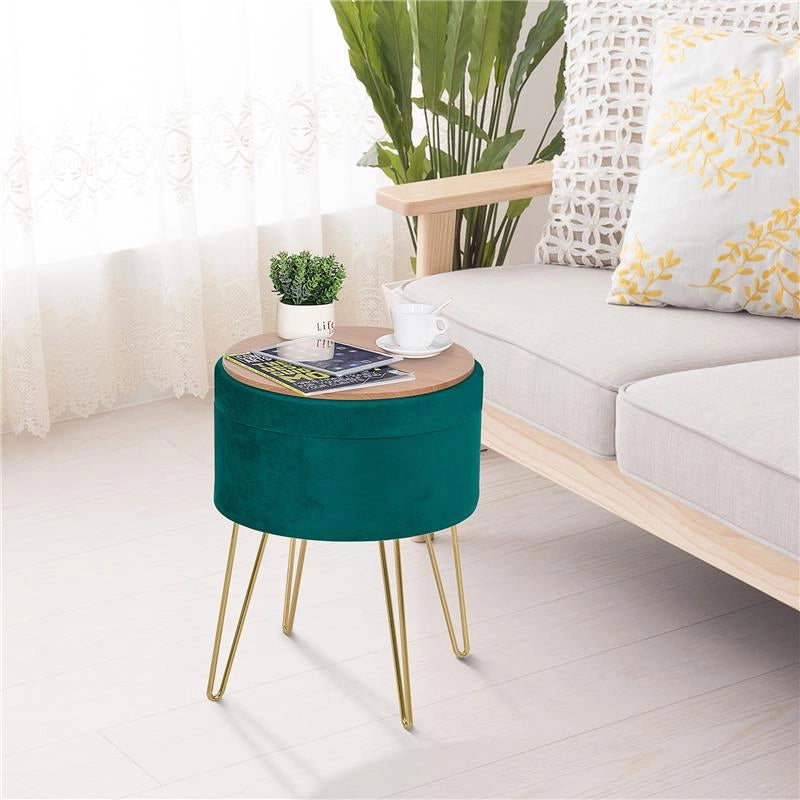 SGABELLO ROTONDO CON VANO CONTENITORE IN VELLUTO 36 X 36 X 45 CM VERDE E ORO