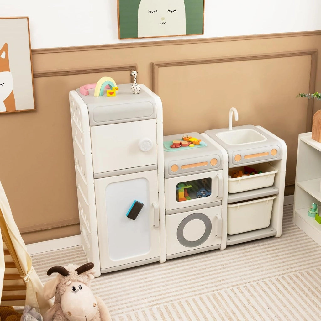 Mobile Porta Giochi per Bambini, Scaffale e Libreria Giochi Multiuso con Lavagna Magnetica Lavello e Rubinetto Rimovibili, Ante e Contenitori, Mobile per Bambini con Pennarelli e Cancellino
