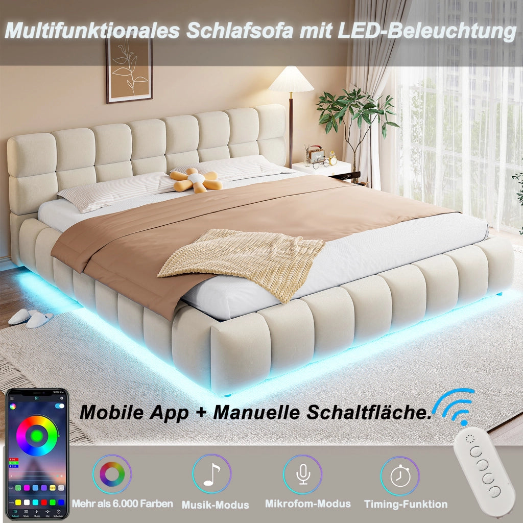 Letto Contenitore Matrimoniale 180 x 200 cm; con LED e Velluto Beige
