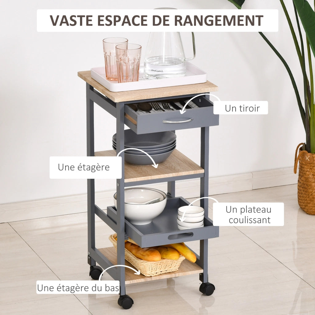 Carrello da cucina con ruote ¨C Xylo ¨C 2 ripiani + vassoio rimovibile + cassetto legno pino MDF grigio rovere chiaro