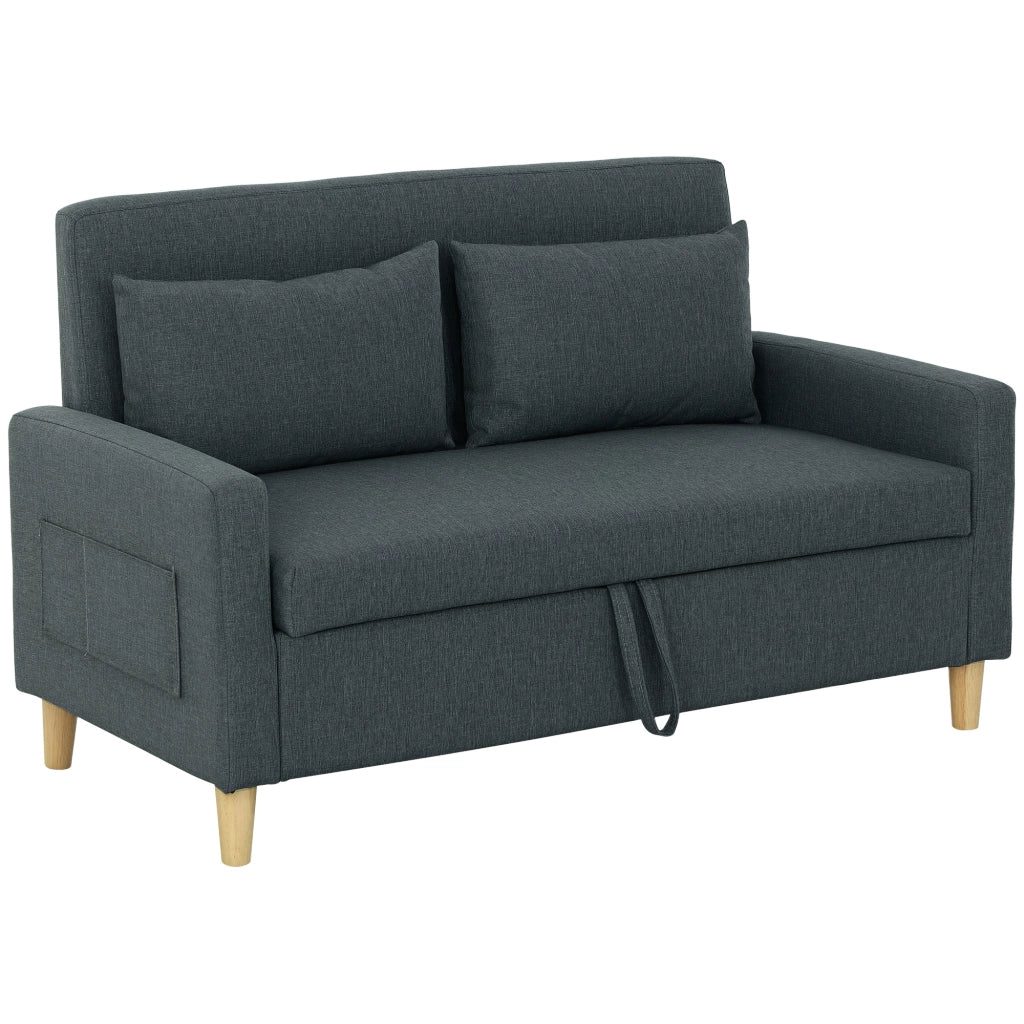 Divano 2 Posti con Spazio Portaoggetti e Cuscini, in Tessuto Effetto Lino e Legno, 135x72x84 cm, Grigio Carbone