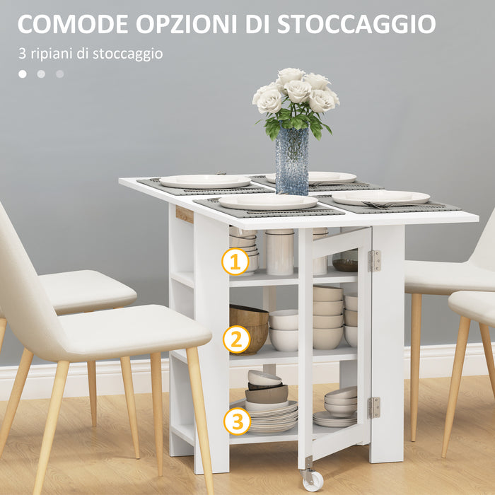 Tavolo Pieghevole da Pranzo 120x60x75 cm con 2 Ribalte e Ripiani in Truciolato Bianco