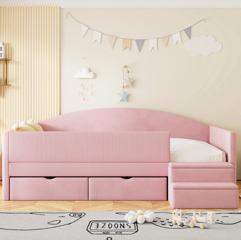 Letto imbottito 90 x 190 cm in velluto rosa con 2 cassetti; sponde e gradini