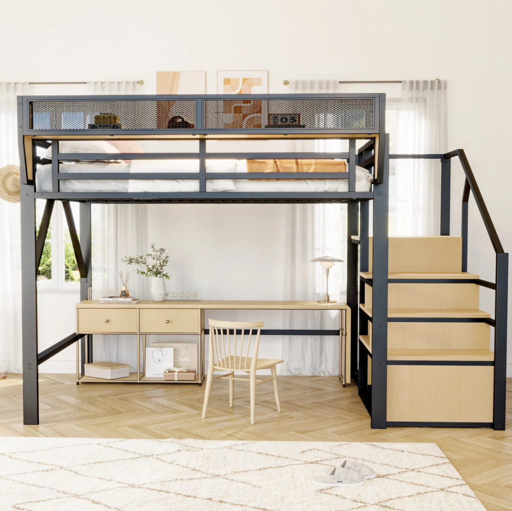 Letto a soppalco 140x200 cm in metallo e MDF con scala di sicurezza; nero