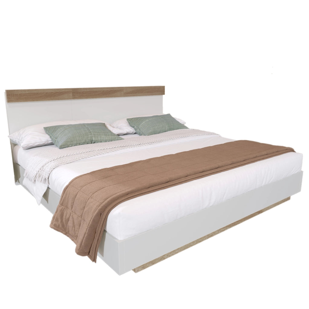 Letto matrimoniale 180x200 cm con rete a doghe; bianco e effetto rovere sonoma