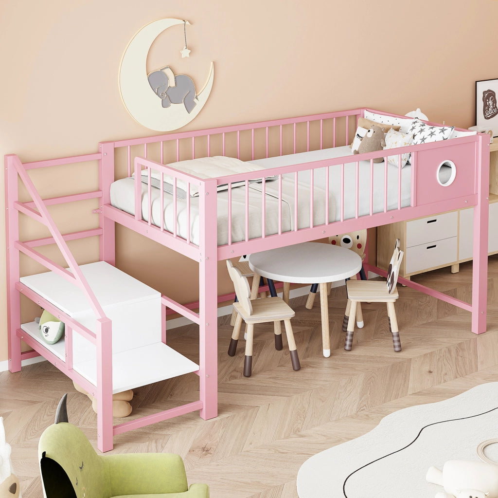 Letto a soppalco 90x200 cm con scala contenitore e vano sottostante in metallo rosa