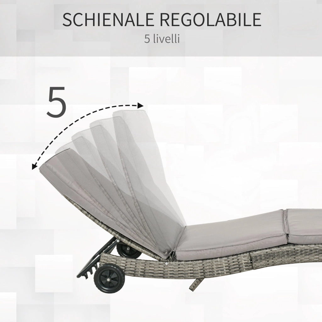 Lettino Prendisole da Giardino con Schienale Regolabile e Cuscino 207x70x70 cm in Rattan PE Grigio