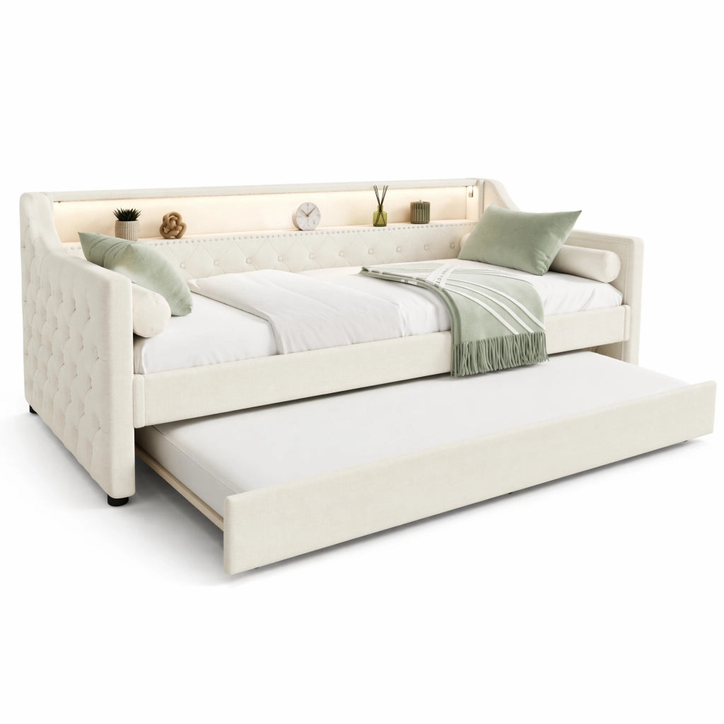 Letto da giorno 90x200 cm con letto estraibile, LED e USB in lino beige