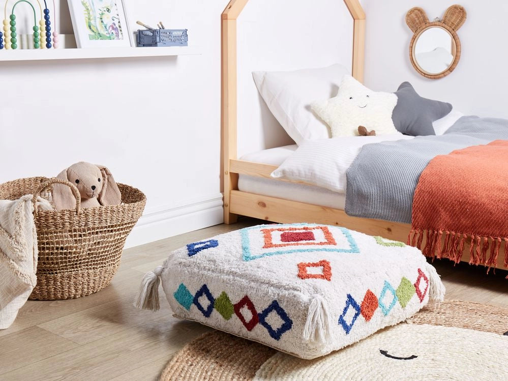 Cuscino da pavimento in cotone bianco e multicolore 55 x 55 x 20 cm Tessuto quadrato a motivi geometrici Pouf da seduta
