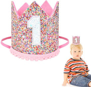 Corone di compleanno per 1 anno - Fendinegotiate - Fasciatura - Cappello di velluto - Rosa - Supporto per foto 28 x 9 cm - Cappello da festa