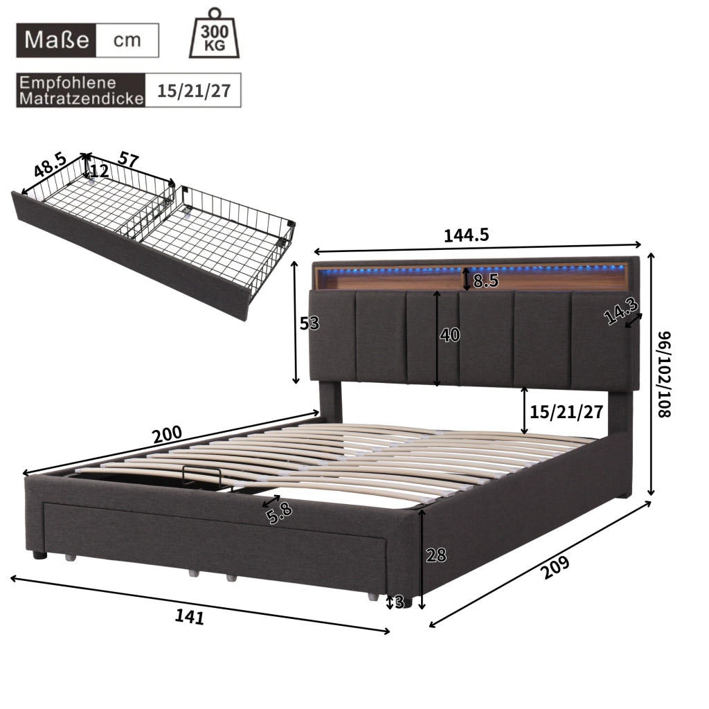 Letto imbottito matrimoniale 140x200 cm con LED; contenitore sottoletto; grigio in lino