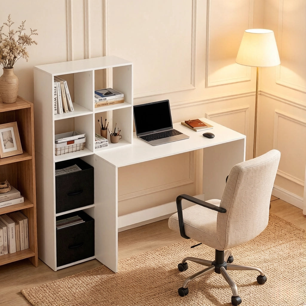 Scrivania con libreria e scomparti laterali con cassetti in tessuto in legno bianco moderna 110 × 74 × 50 cm