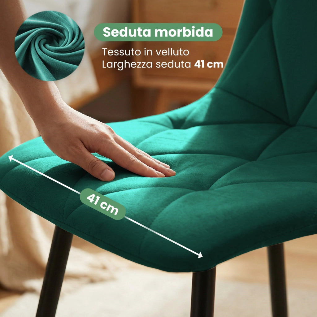 Set di 4 Sedie in velluto trapuntate MILO Verde Bottiglia gambe nere