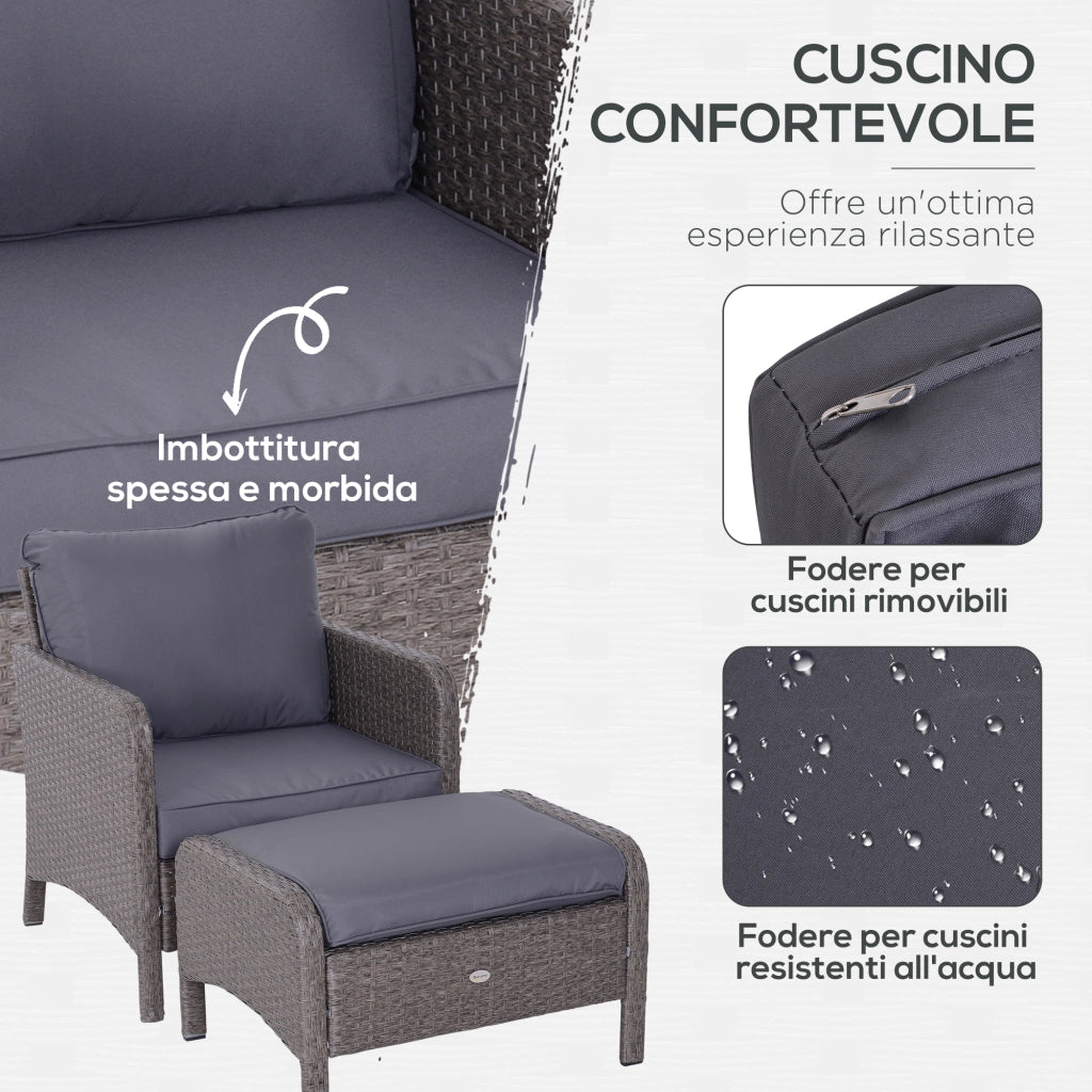 Set Giardino 2 Poltrone 2 Poggiapiedi Tavolino Vetro Temperato ¨C zephmum ¨C Rattan Grigio