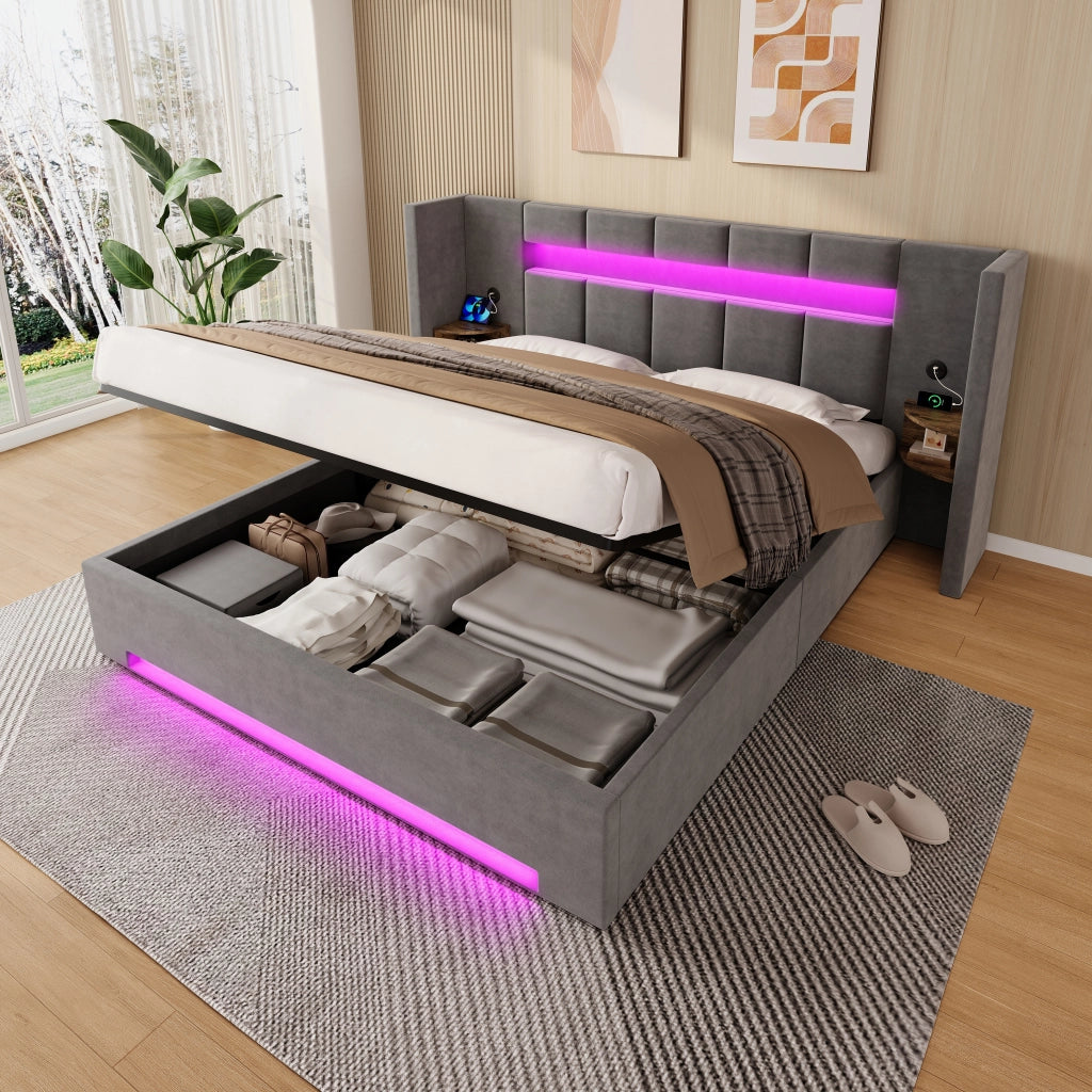 LETTO Contenitore 160x200 cm in velluto grigio scuro con USB e LED
