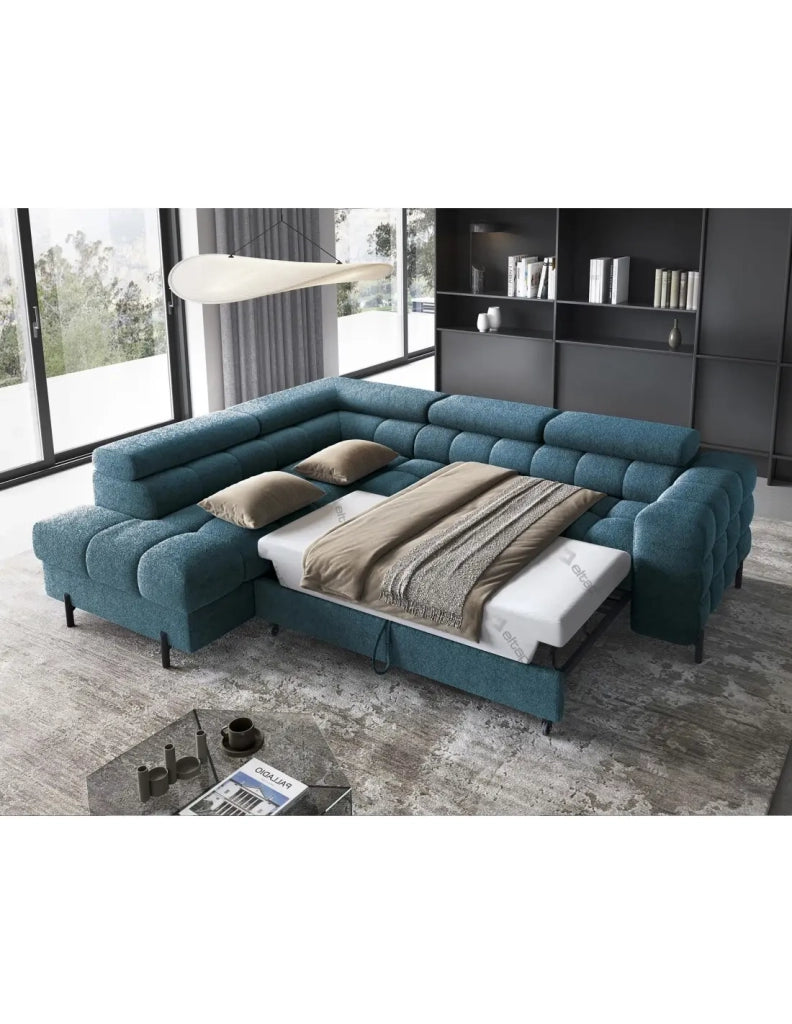 Divano letto Blu scuro FERRUM 5 posti angolo sinistro schiuma HR 276x93x200cm